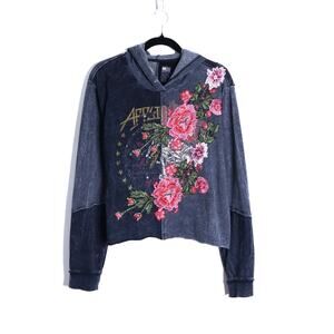 AFFLICTION Hysteria Graphic Hoodie Pullover Acid Black Embroidered Women's L